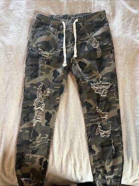American Bazi Camo Distressed Drawstring Ankle Pants in Olive & Black